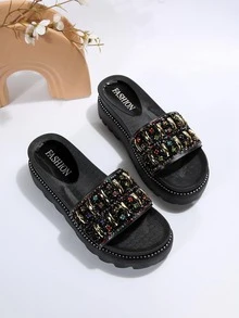 2023 New Arrival Women's Rhinestone Sparkle Slides For Summer Beachwear With Studs And Thick Platform