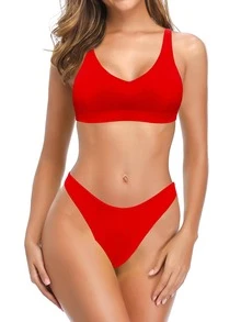 SHEKINI Traje de baño bikini sólido - Rojo - Ver 3