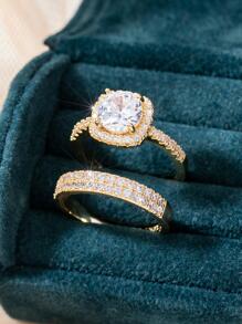 2pcs Square Crystal Stone Women's Wedding Engagement Party Anniversary Ring, Luxury