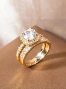 2pcs Square Crystal Stone Women's Wedding Engagement Party Anniversary Ring, Luxury