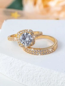 2pcs Square Crystal Stone Women's Wedding Engagement Party Anniversary Ring, Luxury