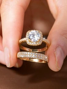 2pcs Square Crystal Stone Women's Wedding Engagement Party Anniversary Ring, Luxury