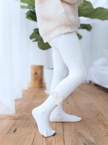 1件蝴蝶裝飾柔軟舒適透氣女童打底褲,白色/黑色適用於嬰幼兒女童