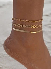 1pc Women Fashion Gold Plated 2-Layer/3-Layer Flat Chain, Snake Chain, Wheat Chain Combination Anklet Jewelry Set Valentine's Day Accessories