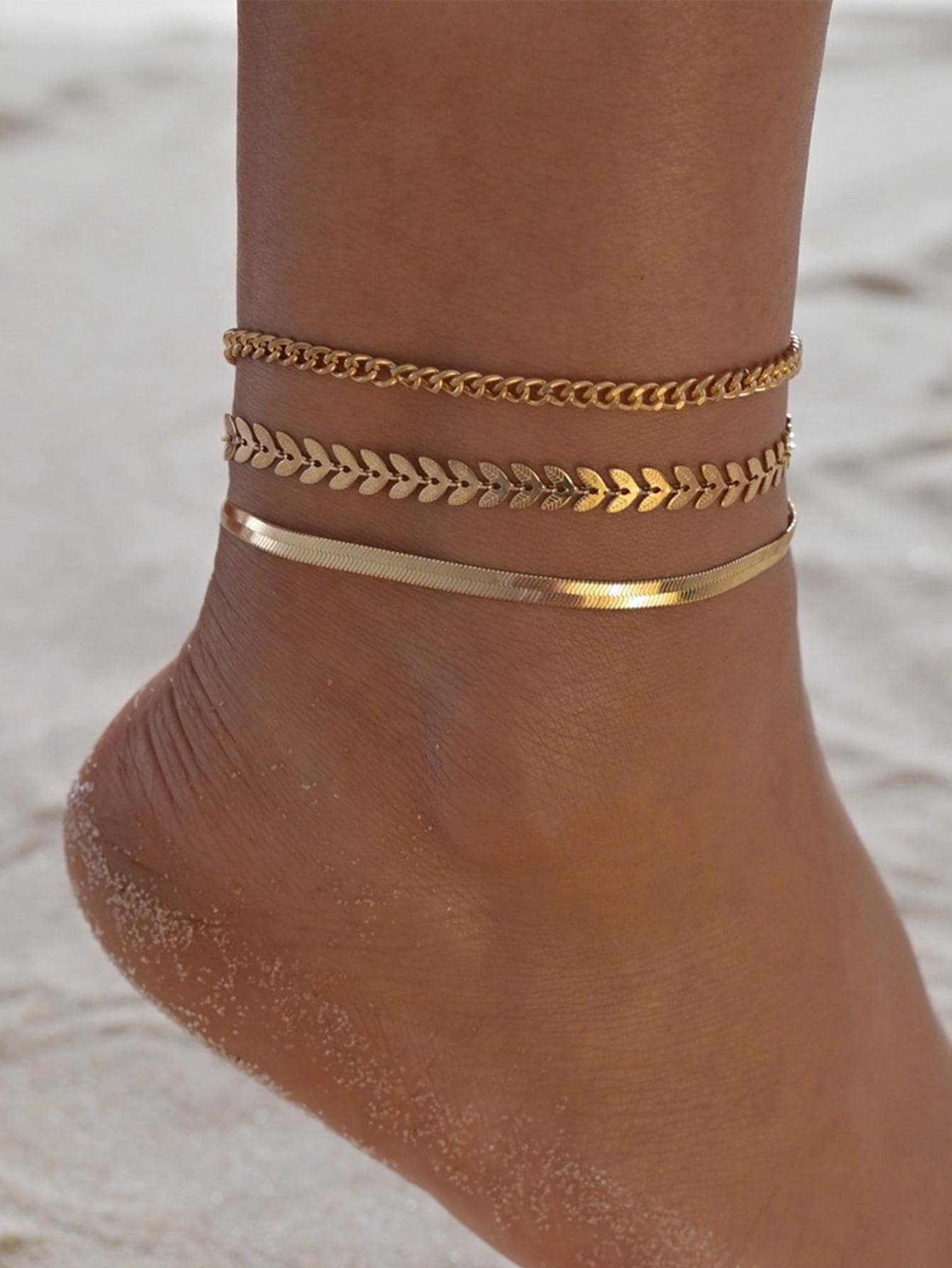 1pc Women Fashion Gold Plated 2-Layer/3-Layer Flat Chain, Snake Chain, Wheat Chain Combination Anklet Jewelry Set Valentine's Day Accessories