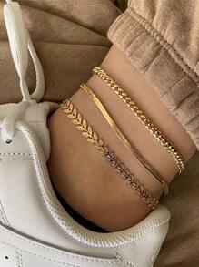 1pc Women Fashion Gold Plated 2-Layer/3-Layer Flat Chain, Snake Chain, Wheat Chain Combination Anklet Jewelry Set Valentine's Day Accessories