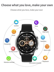 1 pieza Reloj inteligente negro de acero inoxidable con tira deportivo monitoreo de frecuencia cardíaca con seguimiento del sueño multifunción redondo esfera , compatible con Androids iPhone - Negro - Ver 8