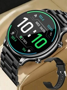 1 pieza Reloj inteligente negro de acero inoxidable con tira deportivo monitoreo de frecuencia cardíaca con seguimiento del sueño multifunción redondo esfera , compatible con Androids iPhone - Negro - Ver 1