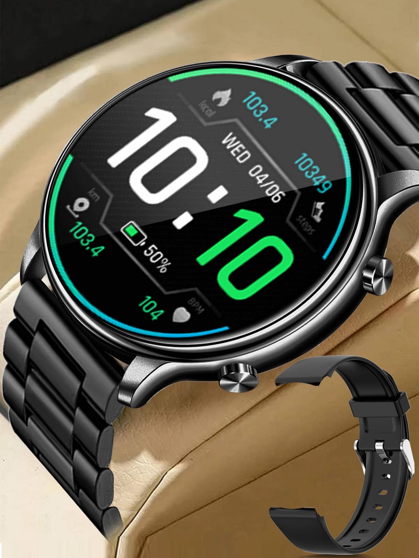 1 pieza Reloj inteligente negro de acero inoxidable con tira deportivo monitoreo de frecuencia cardíaca con seguimiento del sueño multifunción redondo esfera , compatible con Androids iPhone - Negro - Ver 1