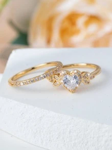 2pcs/ Set Elegant Heart Shaped Women's Ring Set, Suitable For Valentine's Day Holiday Party Daily Wear, Shiny And Chic Accessories( No Box)
