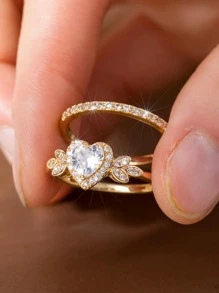 2pcs/ Set Elegant Heart Shaped Women's Ring Set, Suitable For Valentine's Day Holiday Party Daily Wear, Shiny And Chic Accessories( No Box)