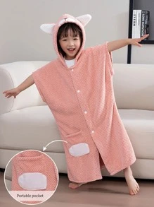 1入組兒童卡通毛絨浴巾，灰粉色可愛柔軟可穿戴家居浴袍 - 藕粉色 - 查看 4
