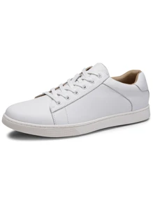 SHOESMALL Men's Leather Black Sneakers Business Casual Brown Shoes For Men Fashion Dress Sneakers Breathable White Sneakers - trắng - Xem 6