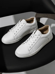 SHOESMALL Men's Leather Black Sneakers Business Casual Brown Shoes For Men Fashion Dress Sneakers Breathable White Sneakers - trắng - Xem 1