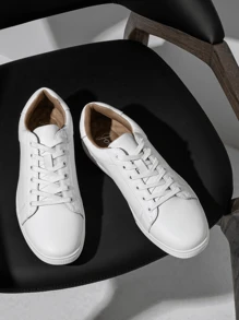 SHOESMALL Men's Leather Black Sneakers Business Casual Brown Shoes For Men Fashion Dress Sneakers Breathable White Sneakers - trắng - Xem 3