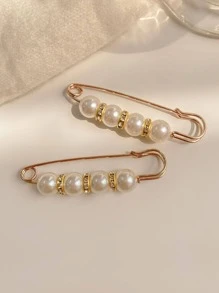 2 Chiếc Phụ Nữ Ngọc Trai Giả & Trang Trí Kim Cương Giả Có Thể Điều Chỉnh Khăn Quàng Pin Tinh Tế Cho Quà Tặng - Vàng - Xem 2