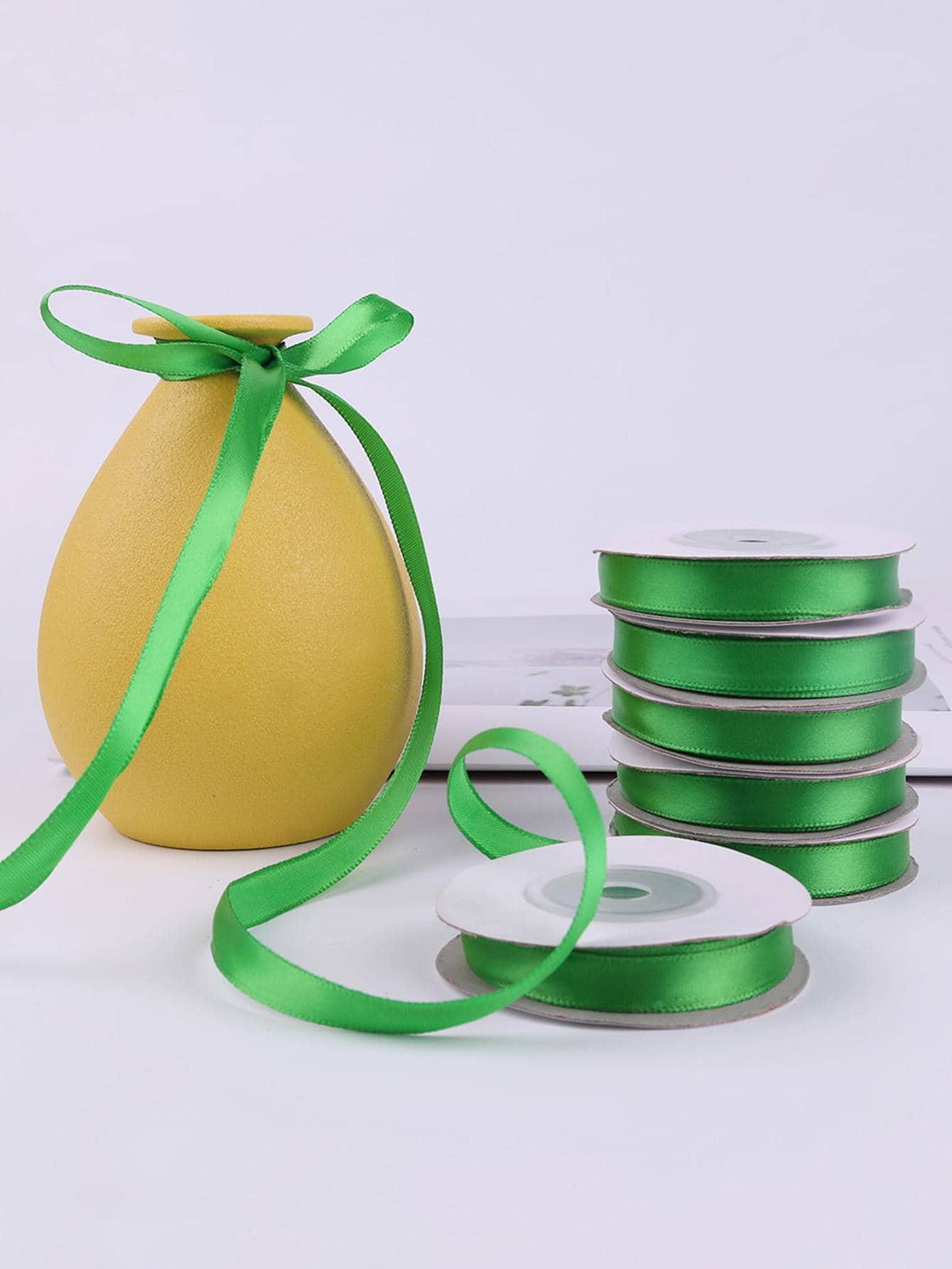 1roll Plain Gift Wrapping Ribbon, Green Solid Color Satin Gift Decorative Ribbon For Household