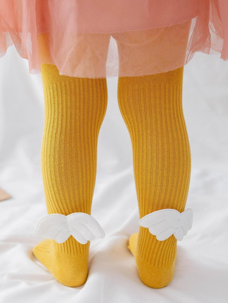1pc Baby Girls' Tight Pants With Angel Wing Decor, Infant Leggings With Feet - Yellow - View 1