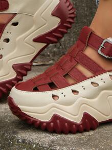 女士雙色帶扣裝飾坡跟運動鞋，運動型戶外坡跟運動鞋 - 紅色 - 查看 6