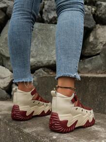 女士雙色帶扣裝飾坡跟運動鞋，運動型戶外坡跟運動鞋 - 紅色 - 查看 5