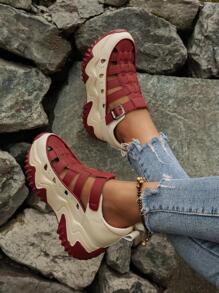 女士雙色帶扣裝飾坡跟運動鞋，運動型戶外坡跟運動鞋 - 紅色 - 查看 4