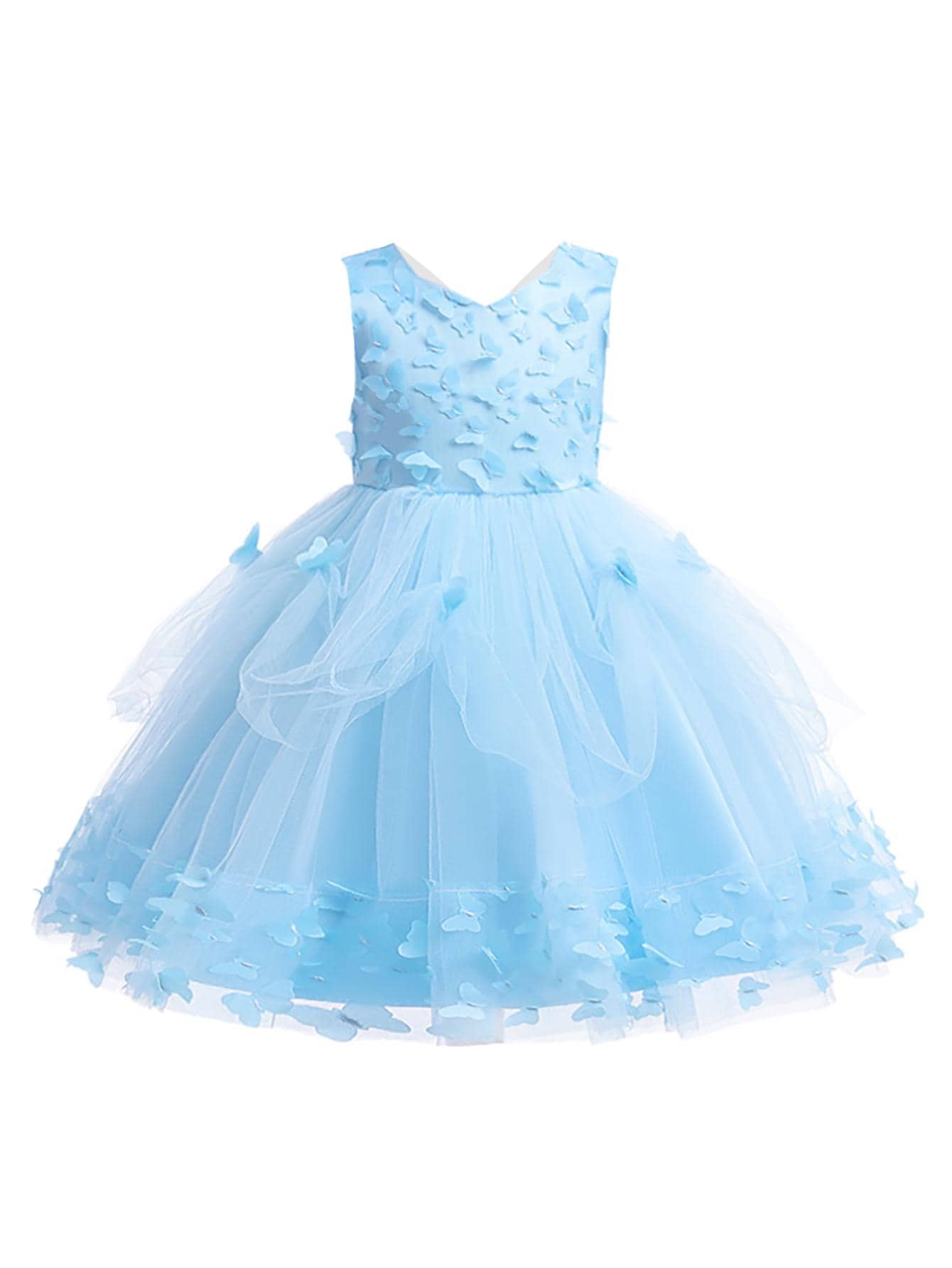 女童連身裙,帶有網眼和蝴蝶貼花,蓬松裙子,適合旅行和特殊場合