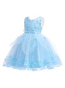 女童連身裙,帶有網眼和蝴蝶貼花,蓬松裙子,適合旅行和特殊場合 - 藍色 - 查看 4