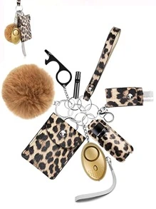 9入組女性豹紋印花小絨球&卡包吊墜時尚鑰匙圈適用於鑰匙裝飾用品 - 棕色 - 查看 1
