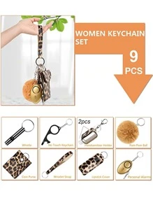 9入組女性豹紋印花小絨球&卡包吊墜時尚鑰匙圈適用於鑰匙裝飾用品 - 棕色 - 查看 2