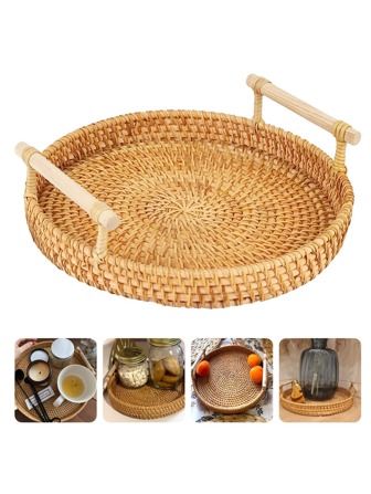 1入組編織設計食物貯藏木棕色手持甜品託盤