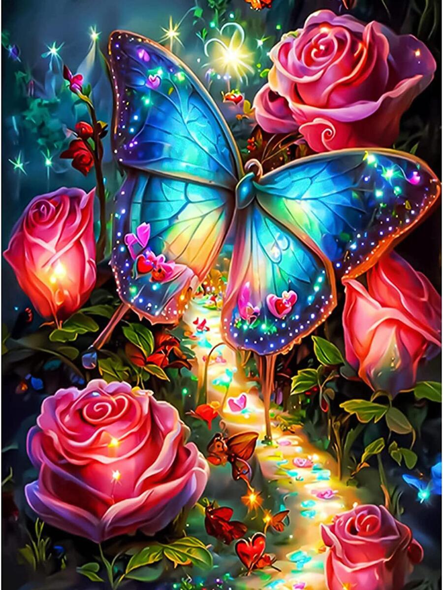 Butterfly Pattern DIY Diamond Unframed Painting, 5D Round Diamond Painting Kit, For Beginners - Multicolor - View 1