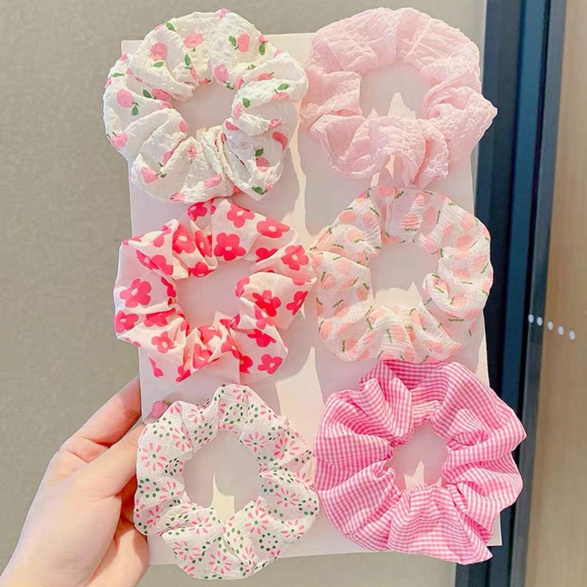 Cute 6pcs Floral Print Scrunchie,Pink Accessories Hair Ties Ponytail Holders Hair Elastics Hair Rubber Bands Scrunchies Hair Rope Elastic Hair Tie, Hair Bobbles Head Accessories Elastic Band Beauty Home Hair Accessories