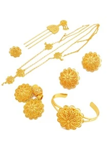 Bộ trang sức mạ vàng phong cách, bao gồm bông tai, kẹp tóc, vòng cổ, vòng tay và nhẫn, hoàn hảo làm quà tặng đám cưới cho phụ nữ; Đi kèm với một bộ dây màu đen làm phần thưởng - Vàng - Xem 3