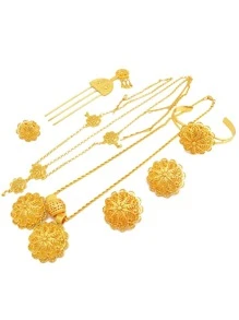 Bộ trang sức mạ vàng phong cách, bao gồm bông tai, kẹp tóc, vòng cổ, vòng tay và nhẫn, hoàn hảo làm quà tặng đám cưới cho phụ nữ; Đi kèm với một bộ dây màu đen làm phần thưởng - Vàng - Xem 2