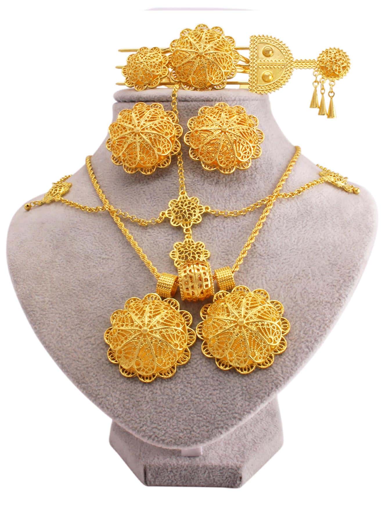 Bộ trang sức mạ vàng phong cách, bao gồm bông tai, kẹp tóc, vòng cổ, vòng tay và nhẫn, hoàn hảo làm quà tặng đám cưới cho phụ nữ; Đi kèm với một bộ dây màu đen làm phần thưởng - Vàng - Xem 1