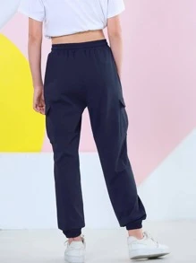 女大童腰部抽繩側翻蓋口袋工裝褲 - 藏蓝色 - 查看 2