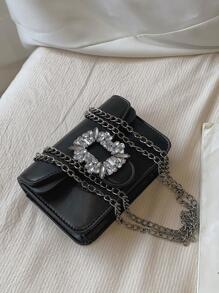 水鑽裝飾黑色斜挎包，翻蓋，時尚質感，多功能鏈帶，迷你女式手提包優雅水鑽單肩包，PU 腋下包，女士時尚通勤手提包和錢包 - 黑色 - 查看 8