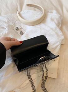 水鑽裝飾黑色斜挎包，翻蓋，時尚質感，多功能鏈帶，迷你女式手提包優雅水鑽單肩包，PU 腋下包，女士時尚通勤手提包和錢包 - 黑色 - 查看 10