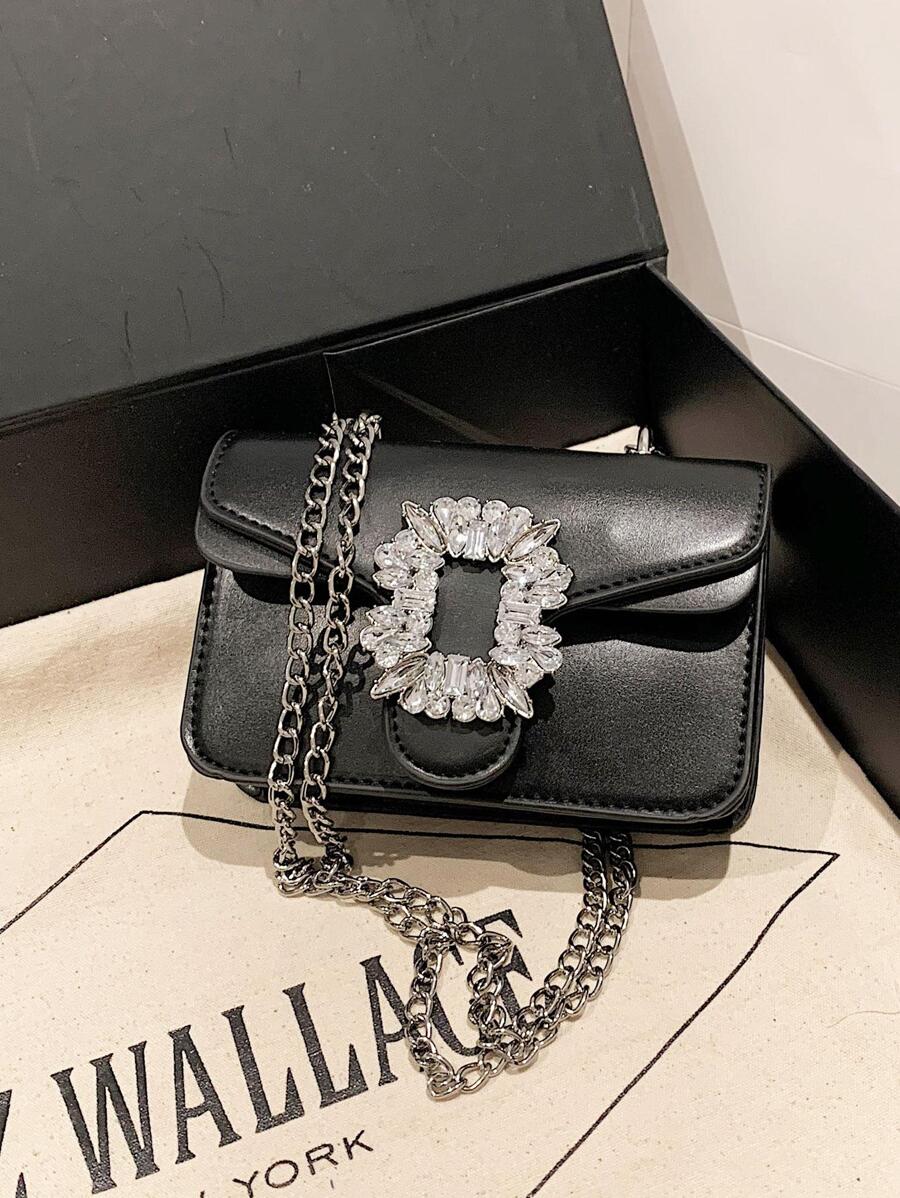 水鑽裝飾黑色斜挎包，翻蓋，時尚質感，多功能鏈帶，迷你女式手提包優雅水鑽單肩包，PU 腋下包，女士時尚通勤手提包和錢包 - 黑色 - 查看 1