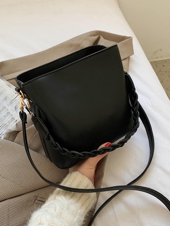 1pc Solid Color Vintage Fashionable Woven Zipper Bucket Bag, Simple And Versatile, Suitable For Daily Use, Can Be Carried As Shoulder Bag Or Crossbody Bag