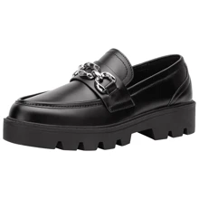 Women's 8081 Chunky Heel Casual Loafers  Fashion Slip On Shoes Round Toe with Chain