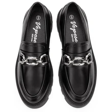 Women's 8081 Chunky Heel Casual Loafers  Fashion Slip On Shoes Round Toe with Chain