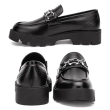 Women's 8081 Chunky Heel Casual Loafers  Fashion Slip On Shoes Round Toe with Chain