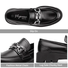 Women's 8081 Chunky Heel Casual Loafers  Fashion Slip On Shoes Round Toe with Chain