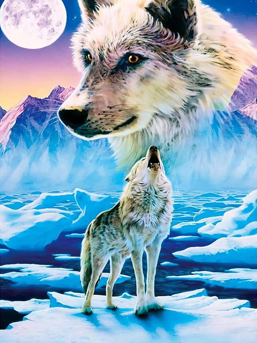 Wolf Print DIY Diamond Unframed Painting, 5D Round Diamond Painting Kit, For Beginners - Beige - View 1