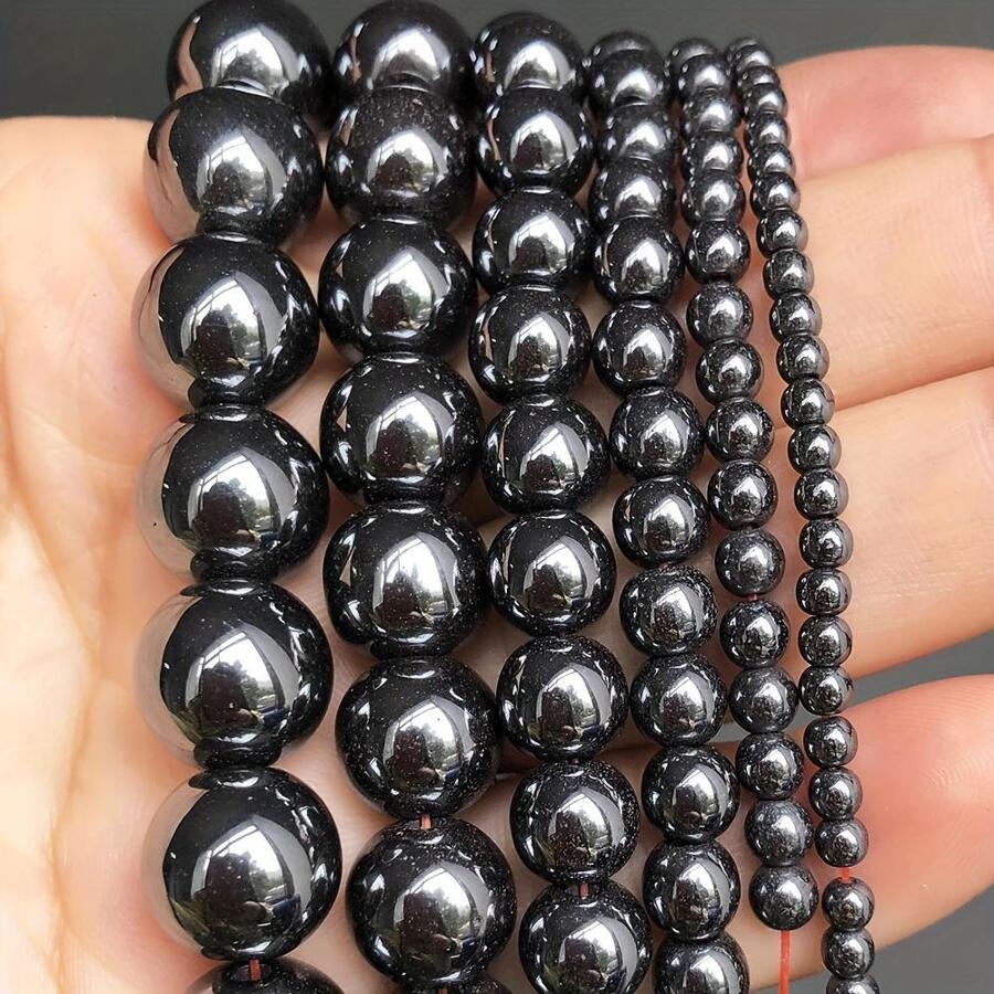 15" Natural Black Smooth Hematite Stone Round Loose Spacer Beads DIY Jewelry Accessories For Necklace/Bracelet - Black - View 1