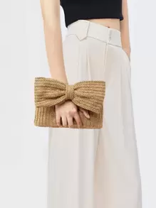 Bow Decor Straw Bag Small Flap Vacation For Teen Girls Women College Students,Rookies & White-Collar Workers Perfect For Office,College,Work ,Business,Commute