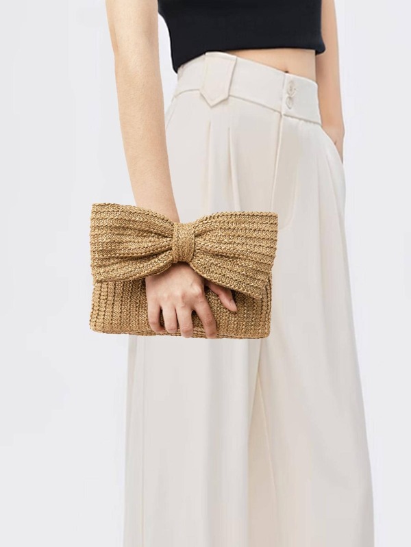 Bow Decor Straw Bag Small Flap Vacation For Teen Girls Women College Students,Rookies & White-Collar Workers Perfect For Office,College,Work ,Business,Commute