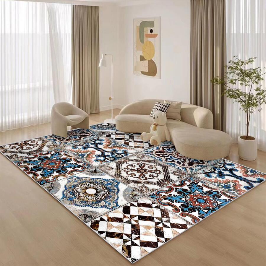 1pc Living Room Rug, Bedroom Tile Rug, Modern Style Rug, Morandi Color Scheme, Geometric Pattern Rug - Multicolor - View 1