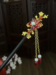 1入組女士人造珍珠細節花朵裝飾中式木頭髮夾適用於裝飾用品 - 紅色 - 查看 1